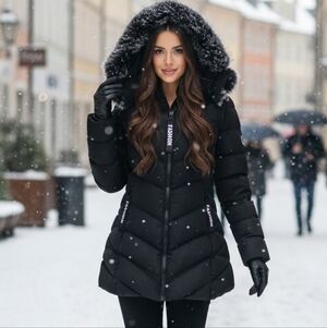 Black Puffer Coat with removable Faux Fur Hood